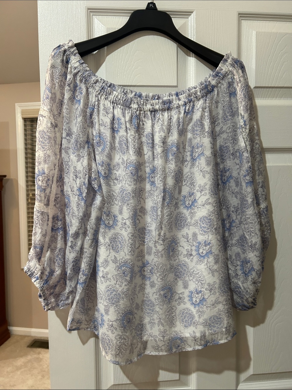 Vince Camuto White and Light Blue Floral Off-Shoulder Blouse